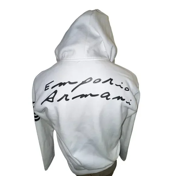 Emporio Armani Mens Size M White Zip Up Hoodie Logo Knit Sleeves